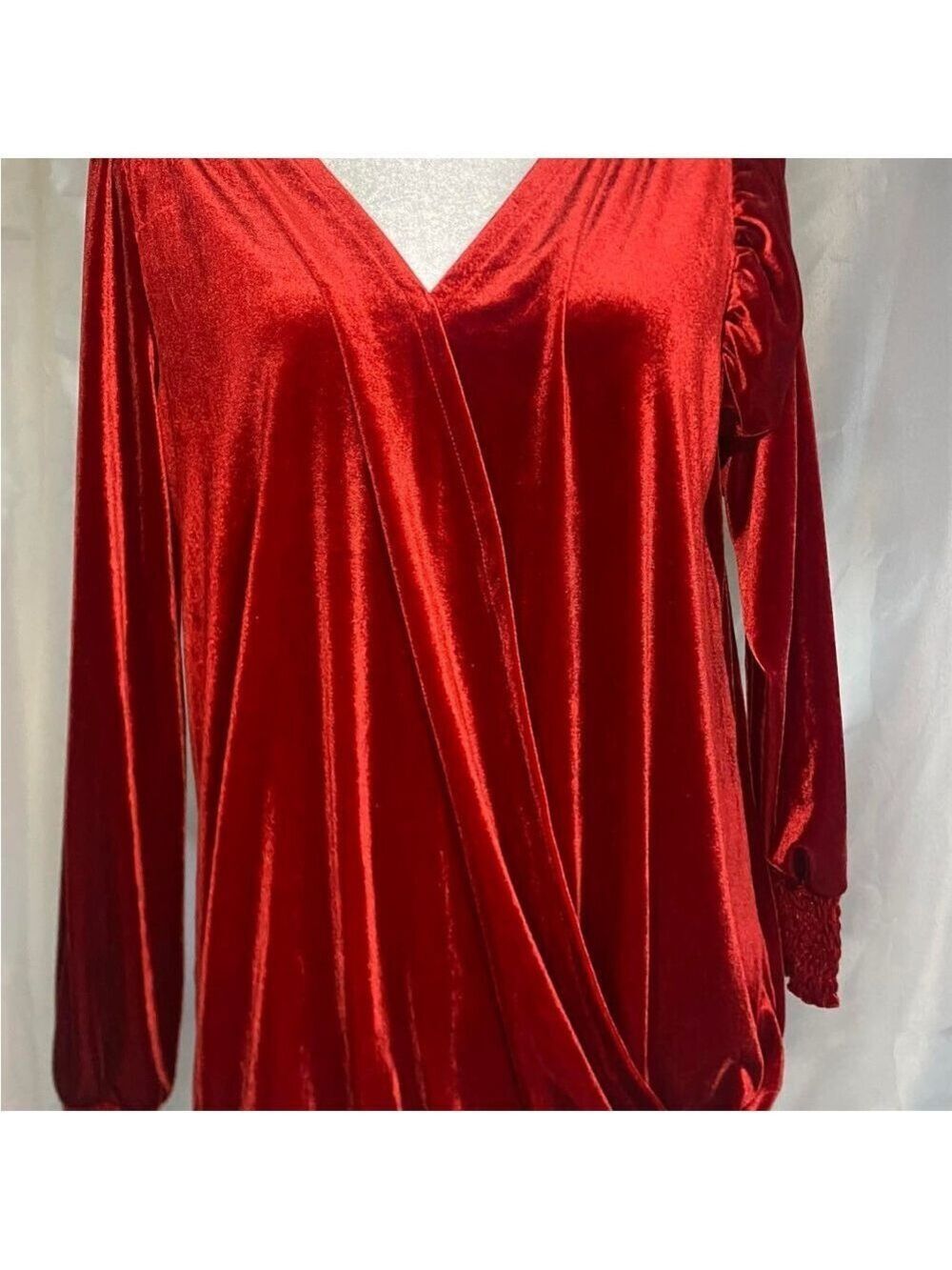 Wonderly Red Velvet Draped Surplice V-Neck Blouse - Size Medium